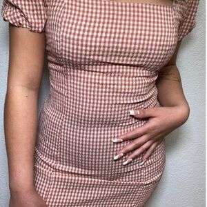 Pink and White Checkered Dress with Puff Sleeves
